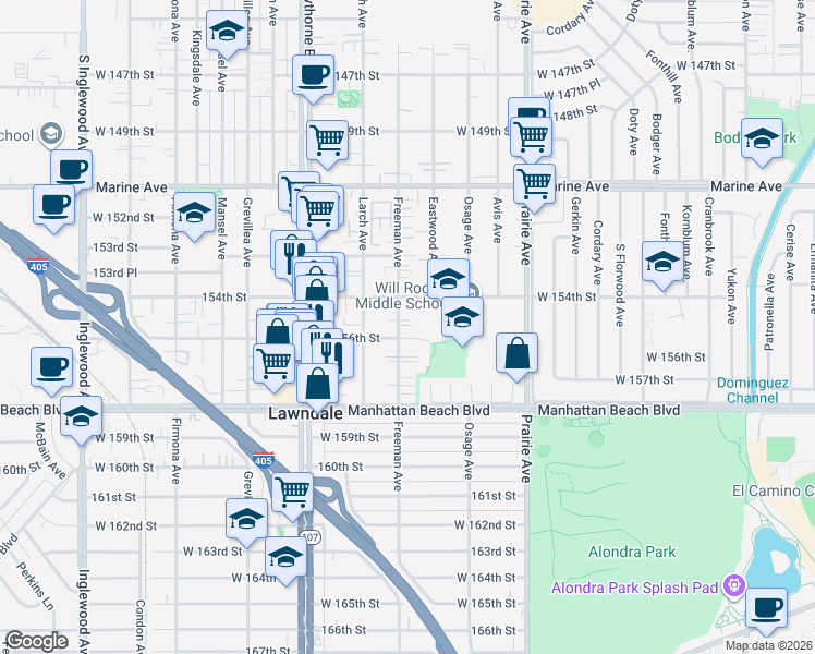 map of restaurants, bars, coffee shops, grocery stores, and more near 15432 Freeman Avenue in Lawndale
