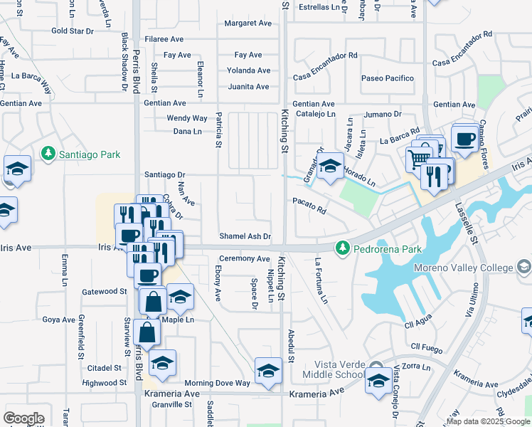 map of restaurants, bars, coffee shops, grocery stores, and more near 15767 Bluechip Circle in Moreno Valley