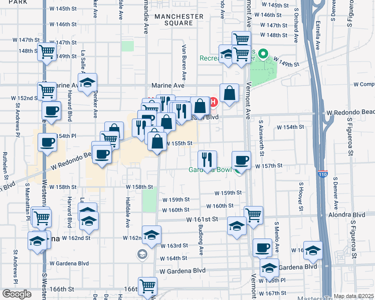 map of restaurants, bars, coffee shops, grocery stores, and more near 1249 Magnolia Avenue in Gardena