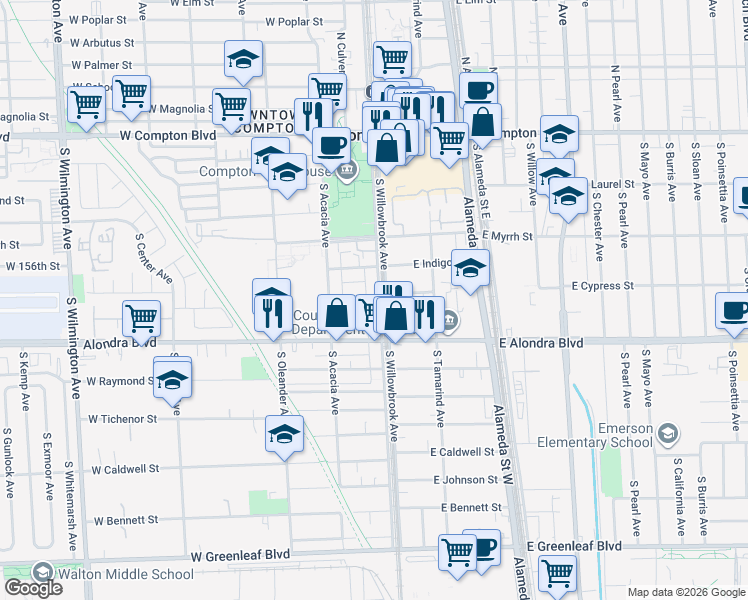 map of restaurants, bars, coffee shops, grocery stores, and more near 701 South Willowbrook Avenue in Compton