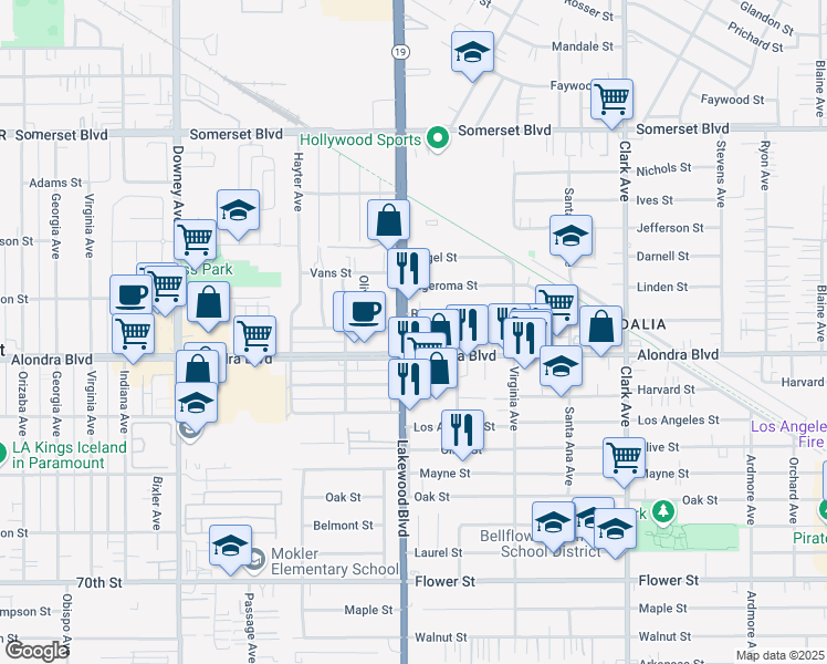 map of restaurants, bars, coffee shops, grocery stores, and more near 15804 Lakewood Boulevard in Bellflower