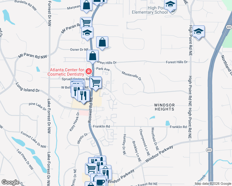 map of restaurants, bars, coffee shops, grocery stores, and more near 270 Waterford Place Northeast in Sandy Springs