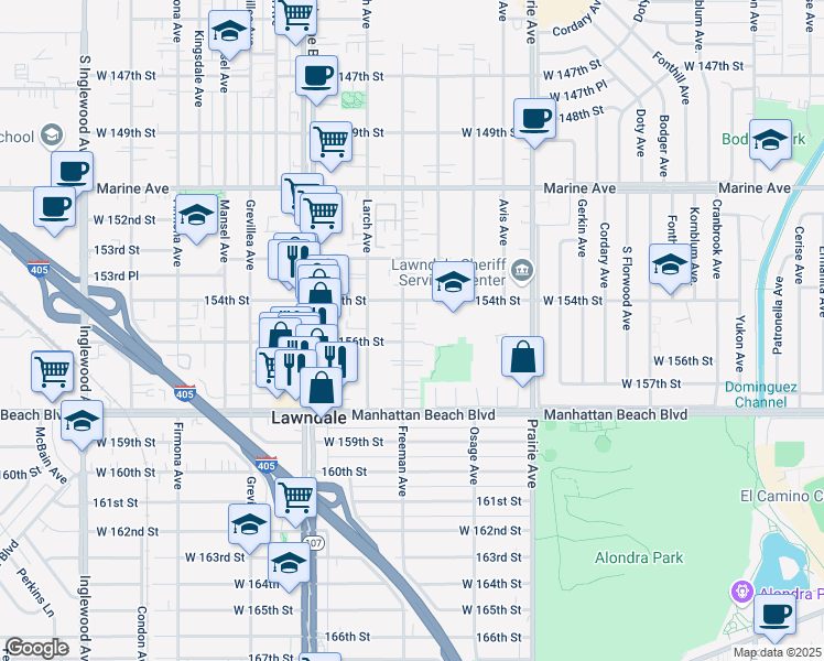 map of restaurants, bars, coffee shops, grocery stores, and more near 15432 Freeman Avenue in Lawndale