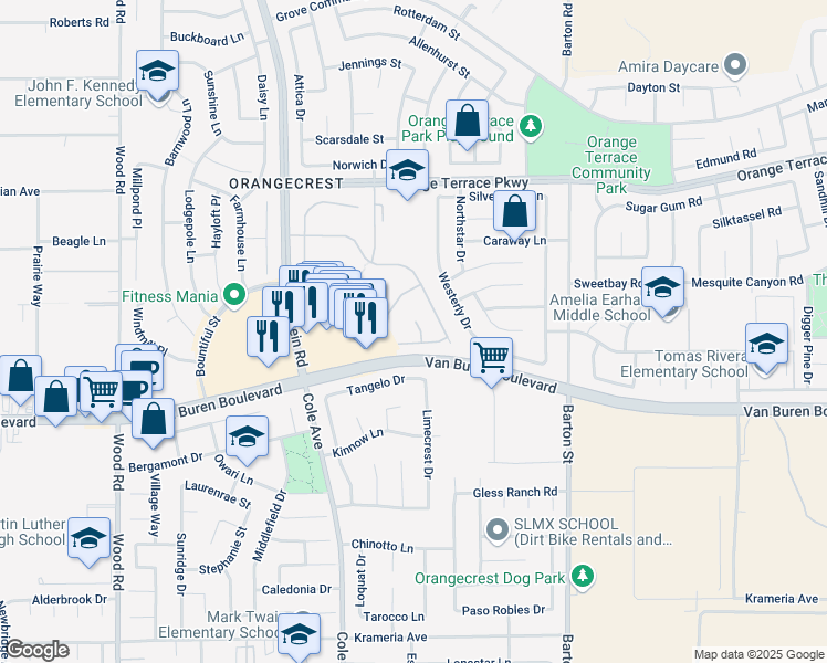 map of restaurants, bars, coffee shops, grocery stores, and more near 8875 Mount Sopras Court in Riverside