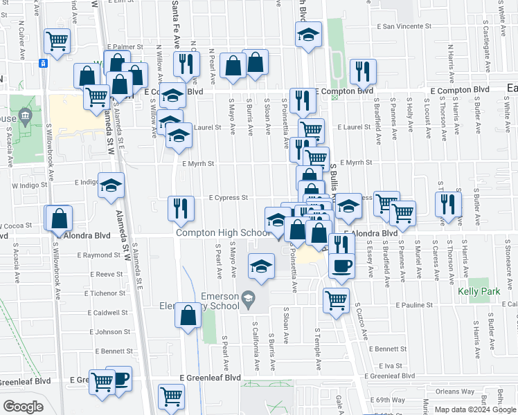 map of restaurants, bars, coffee shops, grocery stores, and more near 712 South Burris Avenue in Compton