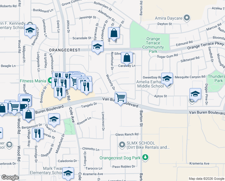 map of restaurants, bars, coffee shops, grocery stores, and more near 19797 Mount Wasatch Drive in Riverside