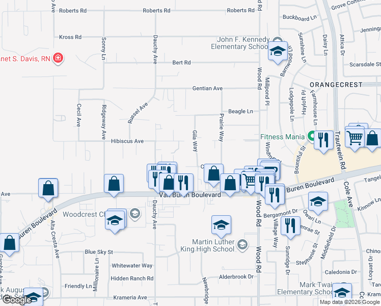 map of restaurants, bars, coffee shops, grocery stores, and more near 15861 Gila Way in Riverside
