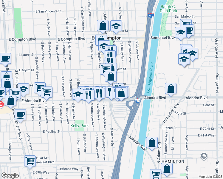 map of restaurants, bars, coffee shops, grocery stores, and more near 15722 Atlantic Avenue in Compton