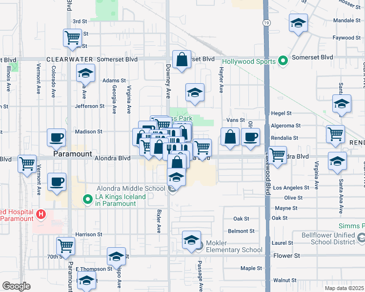 map of restaurants, bars, coffee shops, grocery stores, and more near 8521 Alondra Boulevard in Paramount