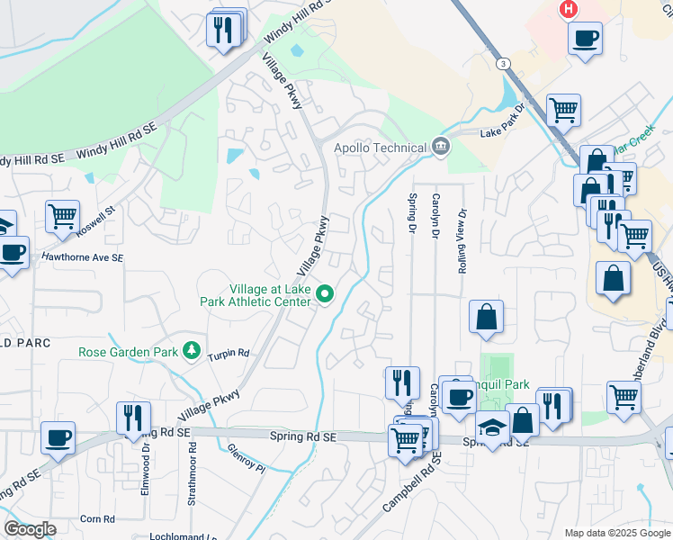 map of restaurants, bars, coffee shops, grocery stores, and more near 2151 Lake Park Drive Southeast in Smyrna