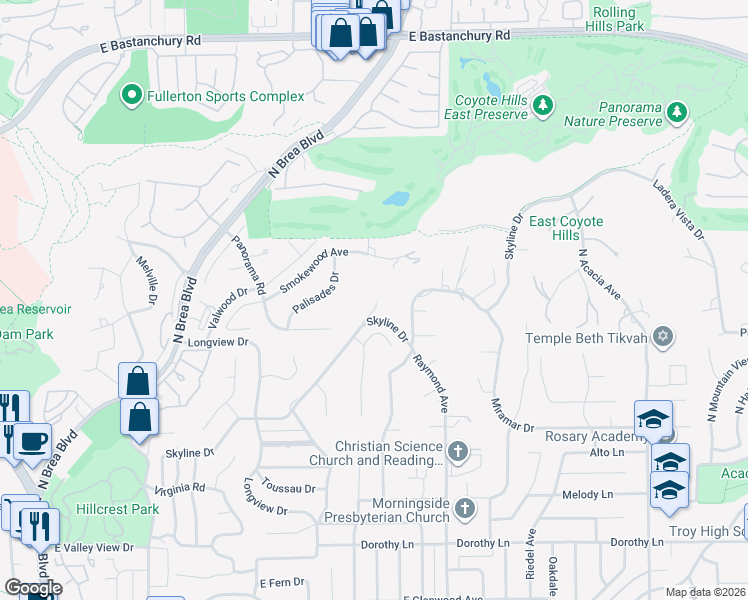 map of restaurants, bars, coffee shops, grocery stores, and more near 1917 Skyline Drive in Fullerton