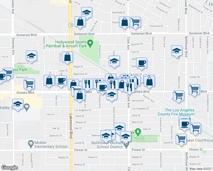 map of restaurants, bars, coffee shops, grocery stores, and more near 9226 Rendalia Street in Bellflower