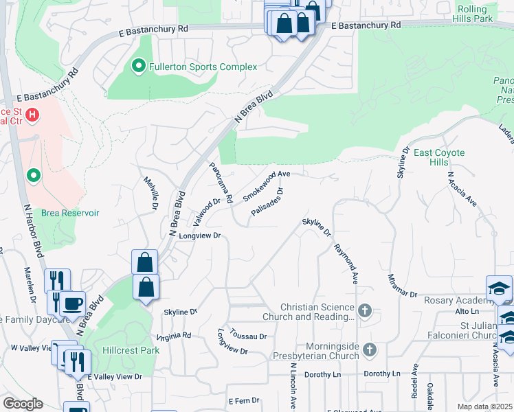 map of restaurants, bars, coffee shops, grocery stores, and more near 2033 Palisades Drive in Fullerton