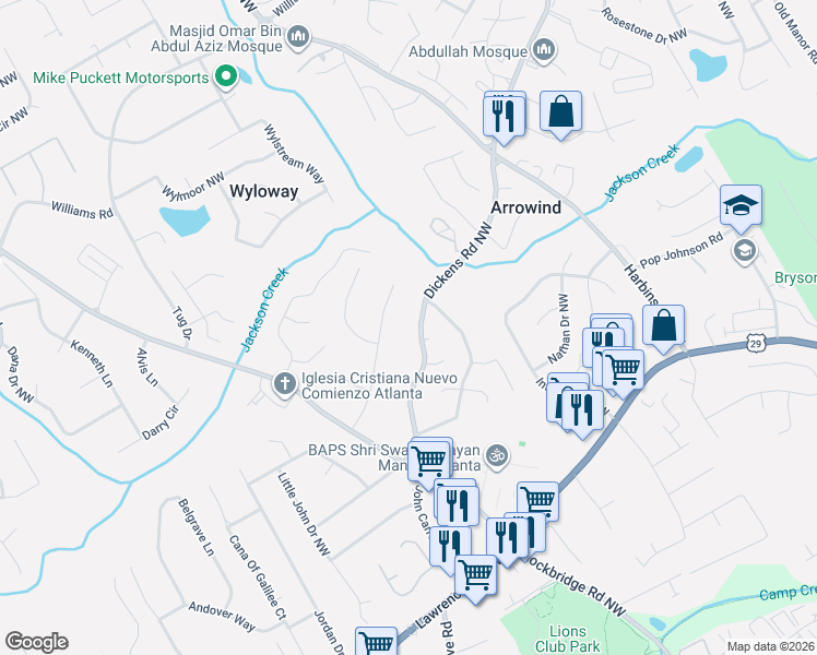 map of restaurants, bars, coffee shops, grocery stores, and more near 618 Southwind Drive Northwest in Lilburn