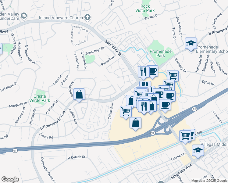 map of restaurants, bars, coffee shops, grocery stores, and more near 2173 Alpinemist Street in Corona