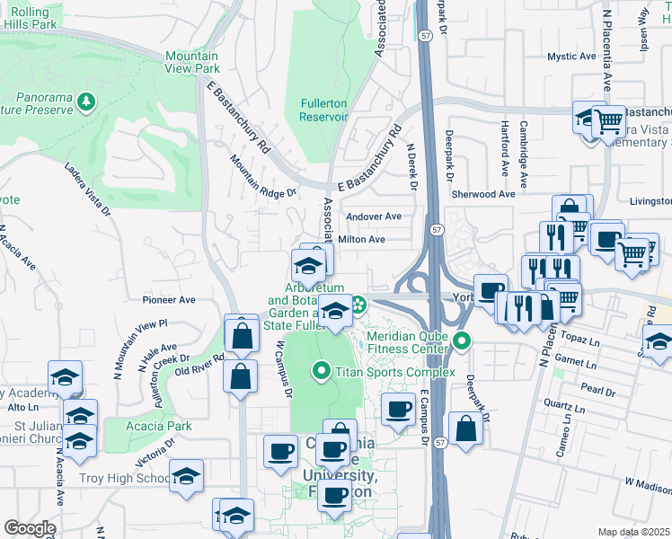 map of restaurants, bars, coffee shops, grocery stores, and more near 2000 Associated Road in Fullerton