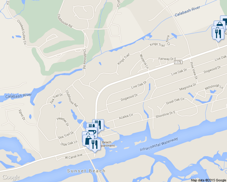 map of restaurants, bars, coffee shops, grocery stores, and more near 211 Live Oak Drive in Sunset Beach