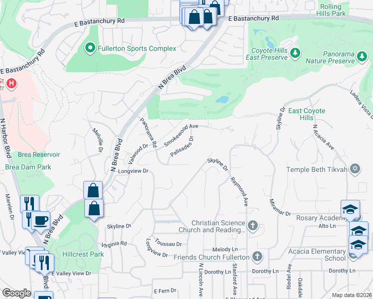 map of restaurants, bars, coffee shops, grocery stores, and more near 2048 Palisades Drive in Fullerton