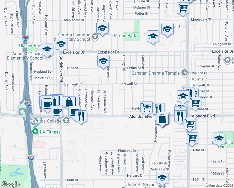 map of restaurants, bars, coffee shops, grocery stores, and more near 15541 Harvest Avenue in Norwalk