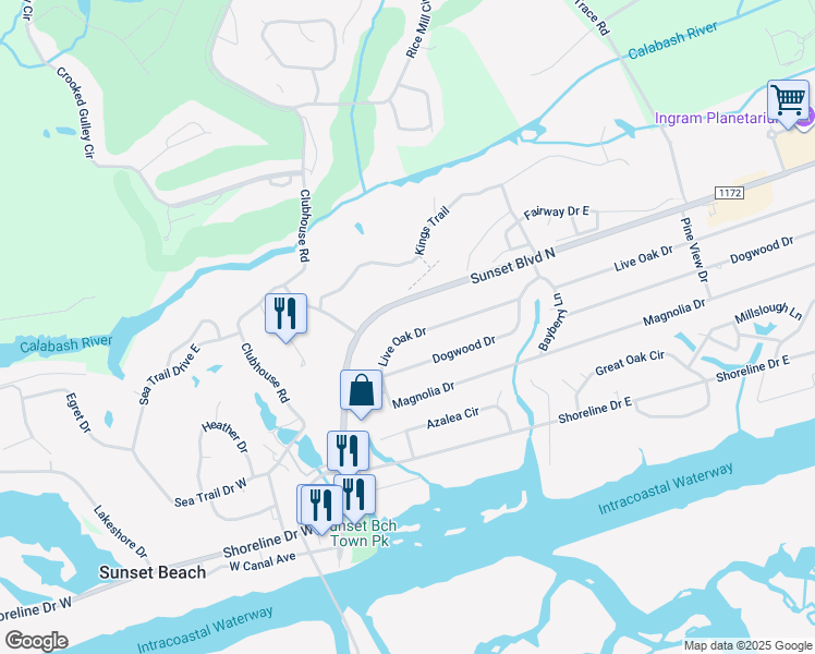 map of restaurants, bars, coffee shops, grocery stores, and more near 211 Live Oak Drive in Sunset Beach