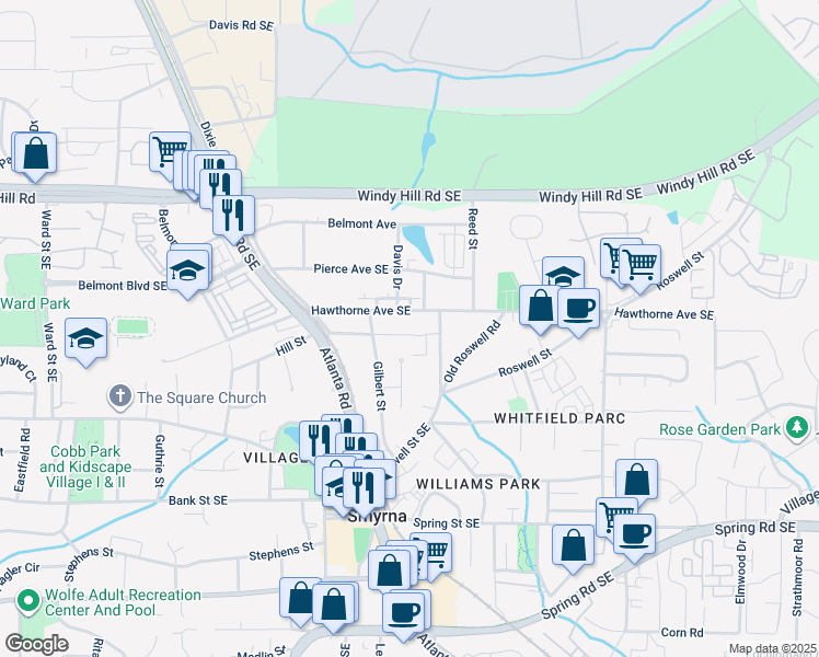 map of restaurants, bars, coffee shops, grocery stores, and more near 1386 Marston Street Southeast in Smyrna