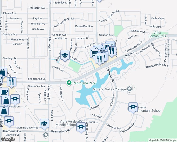 map of restaurants, bars, coffee shops, grocery stores, and more near 25806 Iris Avenue in Moreno Valley