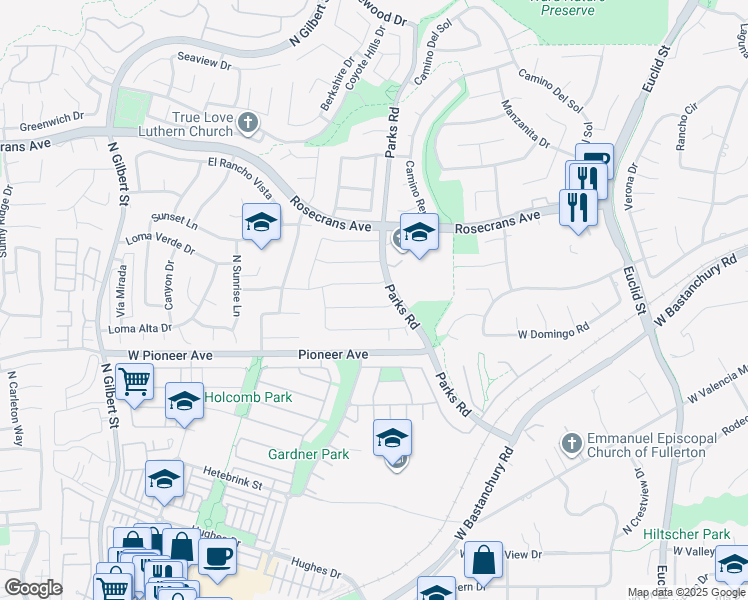 map of restaurants, bars, coffee shops, grocery stores, and more near 1825 Mariposa Lane in Fullerton