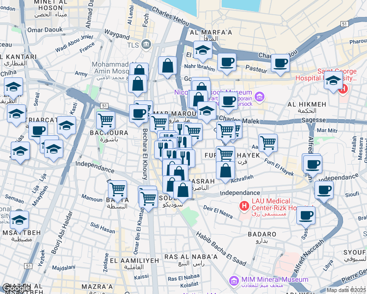 map of restaurants, bars, coffee shops, grocery stores, and more near Petro Trad in Beirut