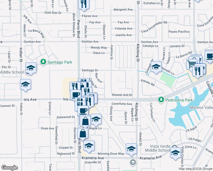 map of restaurants, bars, coffee shops, grocery stores, and more near 15930 Wedow Drive in Moreno Valley