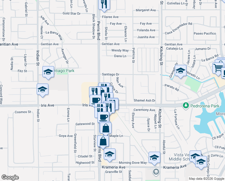 map of restaurants, bars, coffee shops, grocery stores, and more near 15879 Ninya Avenue in Moreno Valley