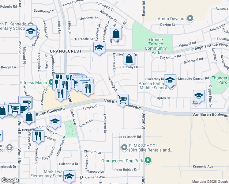 map of restaurants, bars, coffee shops, grocery stores, and more near 19797 Mount Wasatch Drive in Riverside