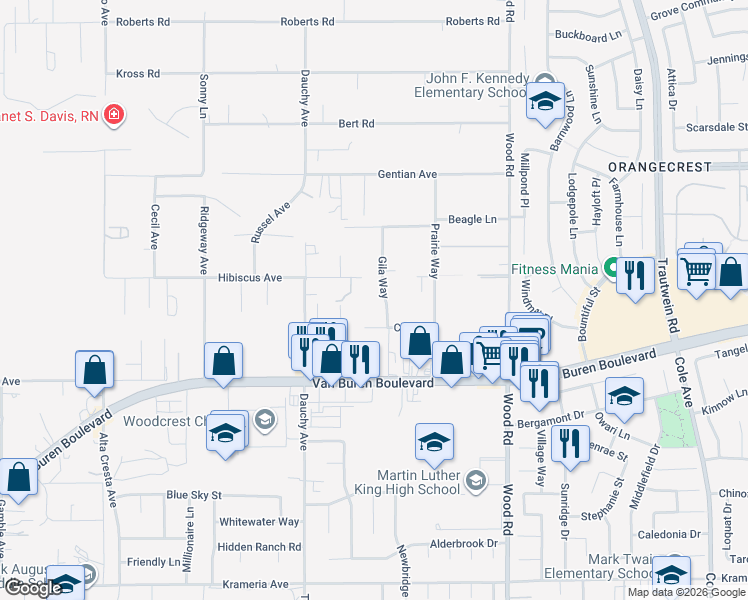 map of restaurants, bars, coffee shops, grocery stores, and more near 15861 Gila Way in Riverside