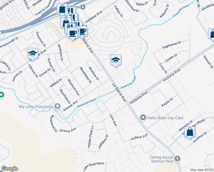 map of restaurants, bars, coffee shops, grocery stores, and more near 11126 Violet Court in Riverside