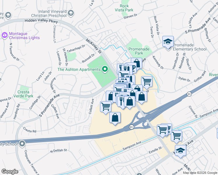 map of restaurants, bars, coffee shops, grocery stores, and more near 2160 Highpointe Drive in Corona