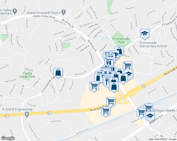 map of restaurants, bars, coffee shops, grocery stores, and more near 2180 Alpinemist Street in Corona