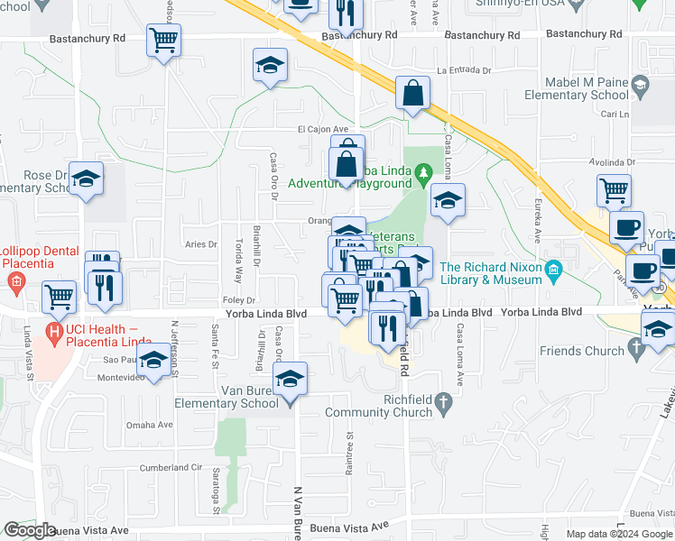 map of restaurants, bars, coffee shops, grocery stores, and more near 4930 Liverpool Street in Yorba Linda