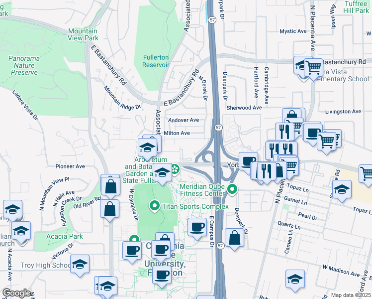 map of restaurants, bars, coffee shops, grocery stores, and more near 2000 Oxford Avenue in Fullerton