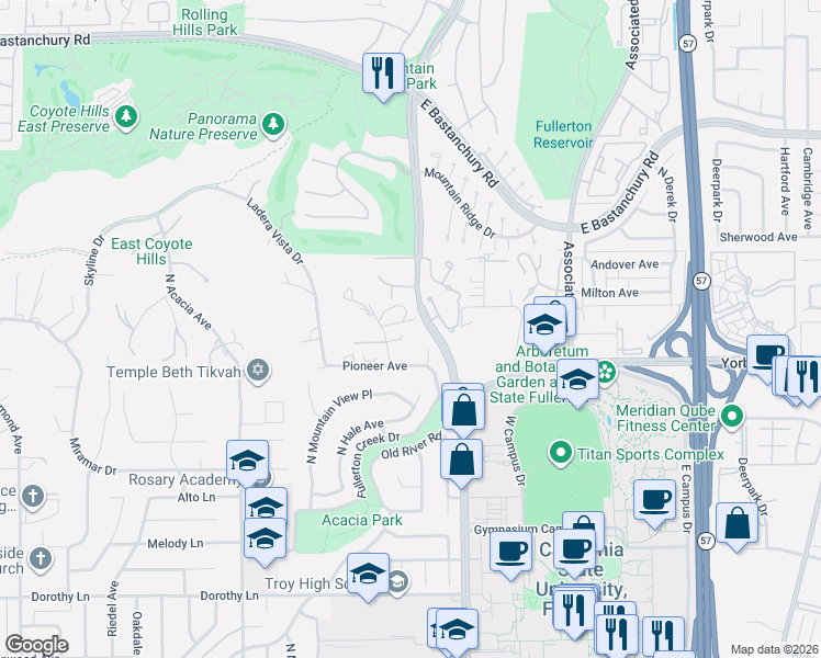 map of restaurants, bars, coffee shops, grocery stores, and more near 1710 Rocky Road in Fullerton