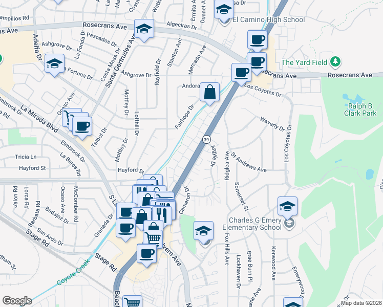 map of restaurants, bars, coffee shops, grocery stores, and more near 4902 Beach Boulevard in Buena Park