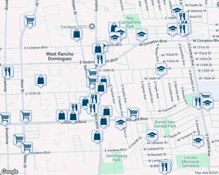 map of restaurants, bars, coffee shops, grocery stores, and more near 15641 South Tarrant Avenue in Compton