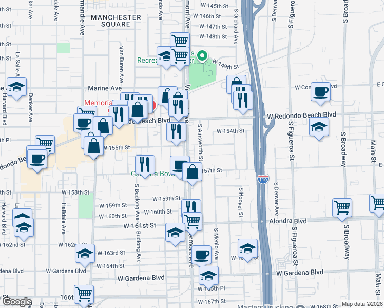 map of restaurants, bars, coffee shops, grocery stores, and more near in Gardena