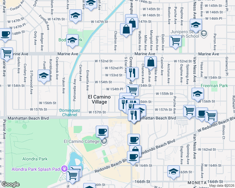 map of restaurants, bars, coffee shops, grocery stores, and more near 15511 Ogram Avenue in Gardena