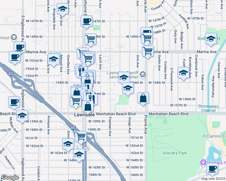 map of restaurants, bars, coffee shops, grocery stores, and more near 4168 West 156th Street in Lawndale