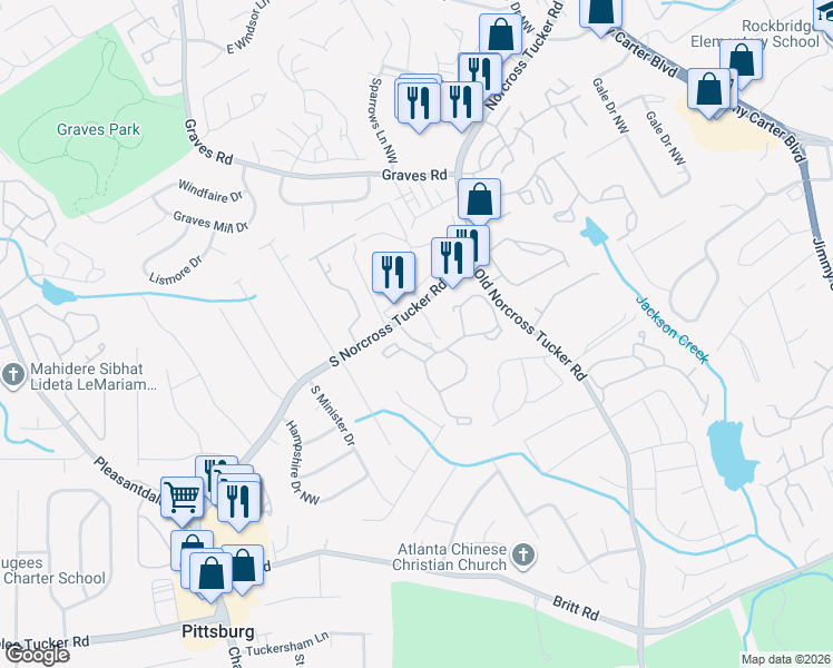 map of restaurants, bars, coffee shops, grocery stores, and more near 1023 Oak Chase Drive in Tucker