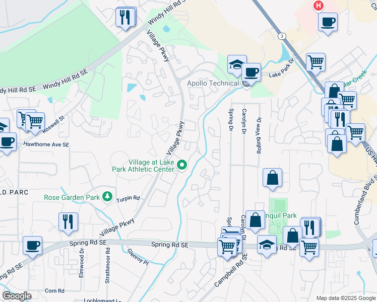 map of restaurants, bars, coffee shops, grocery stores, and more near 2151 Lake Park Drive Southeast in Smyrna