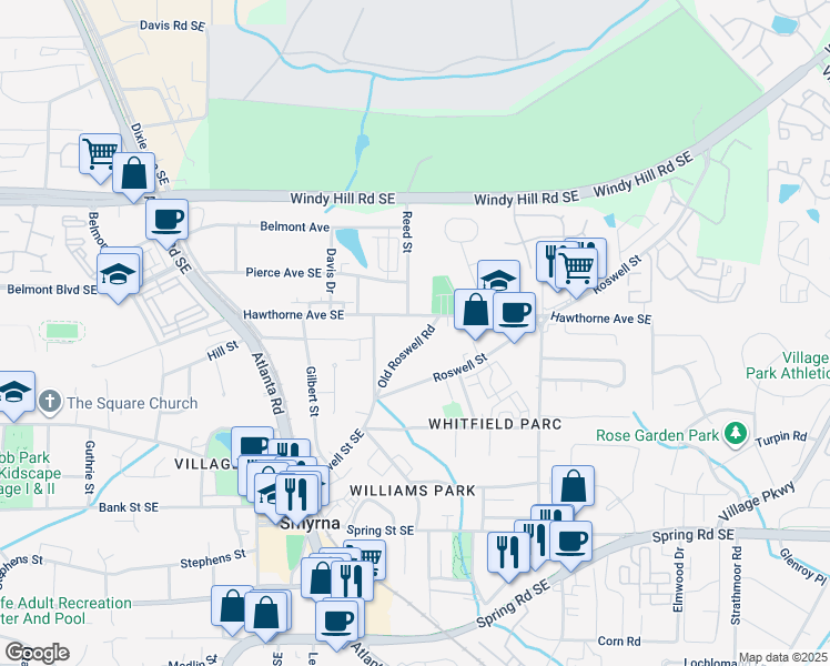 map of restaurants, bars, coffee shops, grocery stores, and more near 2599 Old Roswell Road in Smyrna