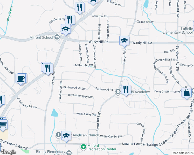 map of restaurants, bars, coffee shops, grocery stores, and more near 610 Walnut Place in Marietta