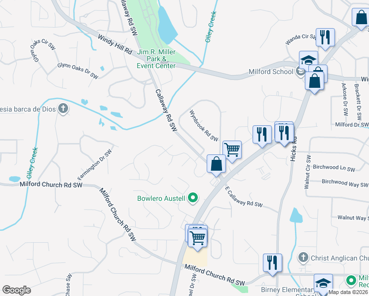 map of restaurants, bars, coffee shops, grocery stores, and more near 2640 Windage Drive Southwest in Marietta