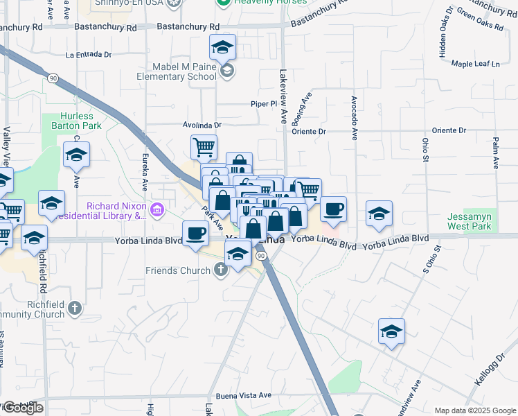 map of restaurants, bars, coffee shops, grocery stores, and more near 4900-4998 Arroyo Street in Yorba Linda