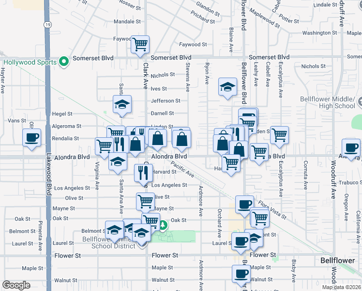 map of restaurants, bars, coffee shops, grocery stores, and more near 9535 Alondra Boulevard in Bellflower